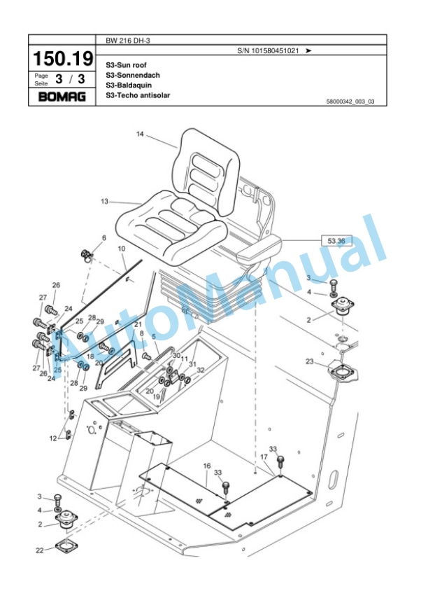 Bomag BW 216 DH-3 Single Drum Wheel Drive Vibratory Roller Spare Parts Catalogue 00817537-5
