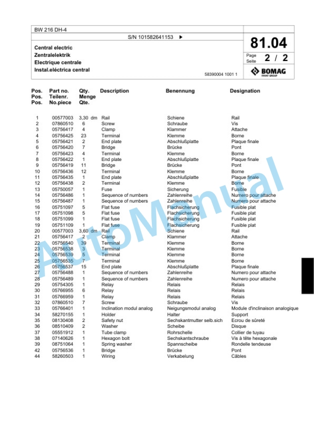 Bomag BW 216 DH-4 Single Drum Wheel Drive Vibratory Roller Spare Parts Catalogue 00818155-2