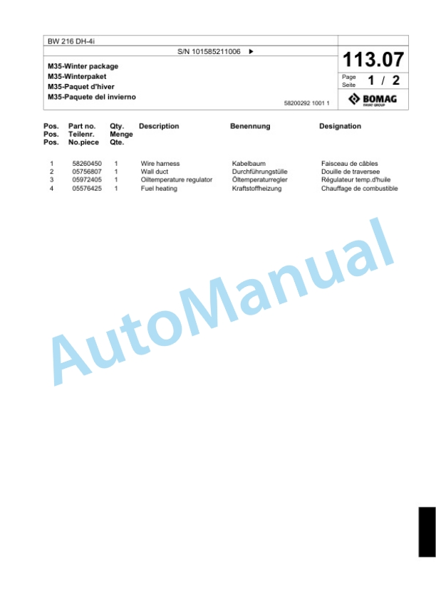 Bomag BW 216 DH-4i Single Drum Wheel Drive Vibratory Roller Spare Parts Catalogue 00824467-3