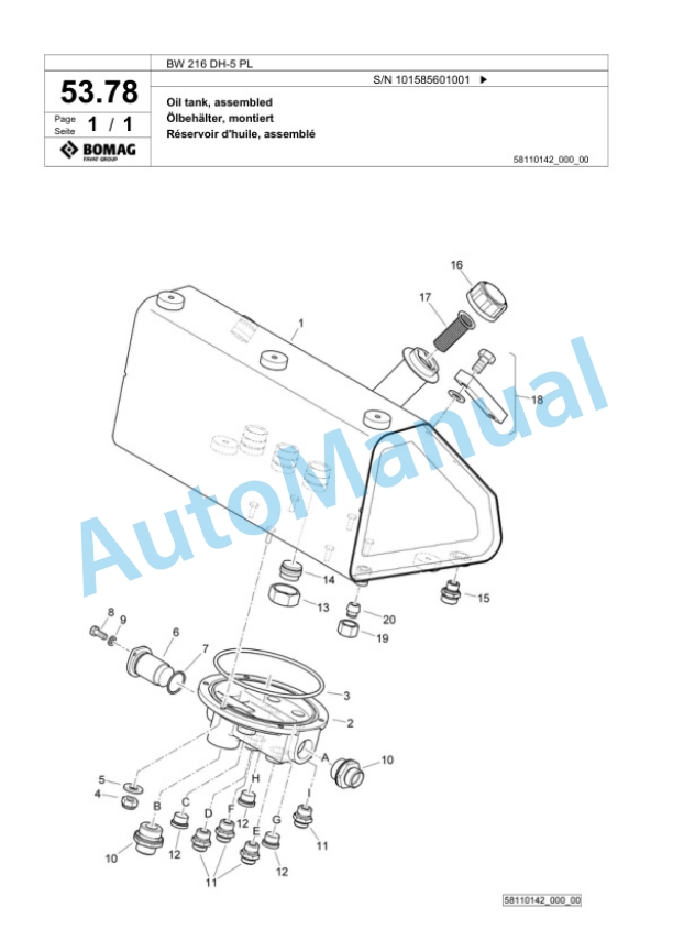 Bomag BW 216 DH-5 PL Single Drum Wheel Drive Vibratory Roller Spare Parts Catalogue 00827283-2