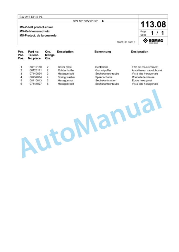 Bomag BW 216 DH-5 PL Single Drum Wheel Drive Vibratory Roller Spare Parts Catalogue 00827283-3