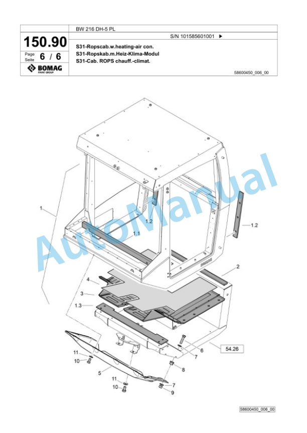 Bomag BW 216 DH-5 PL Single Drum Wheel Drive Vibratory Roller Spare Parts Catalogue 00827283-4