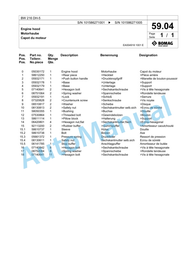 Bomag BW 216 DH-5 Single Drum Wheel Drive Vibratory Roller Spare Parts Catalogue 00824825-2