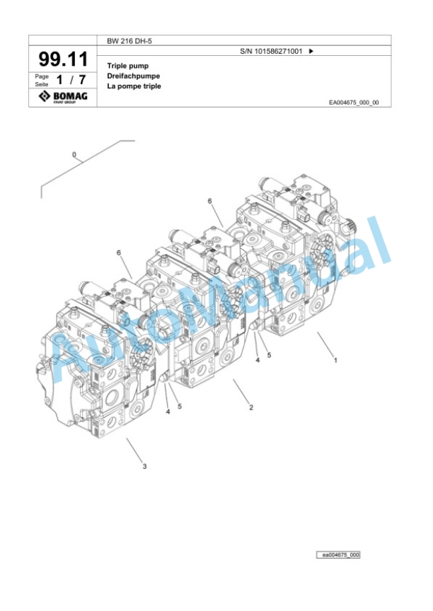 Bomag BW 216 DH-5 Single Drum Wheel Drive Vibratory Roller Spare Parts Catalogue 00824825-3