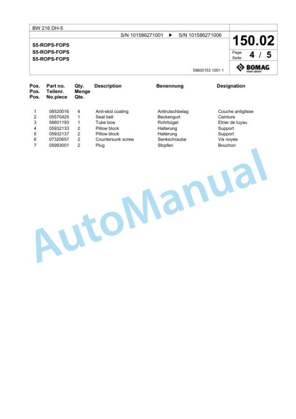 Bomag BW 216 DH-5 Single Drum Wheel Drive Vibratory Roller Spare Parts Catalogue 00824825-4