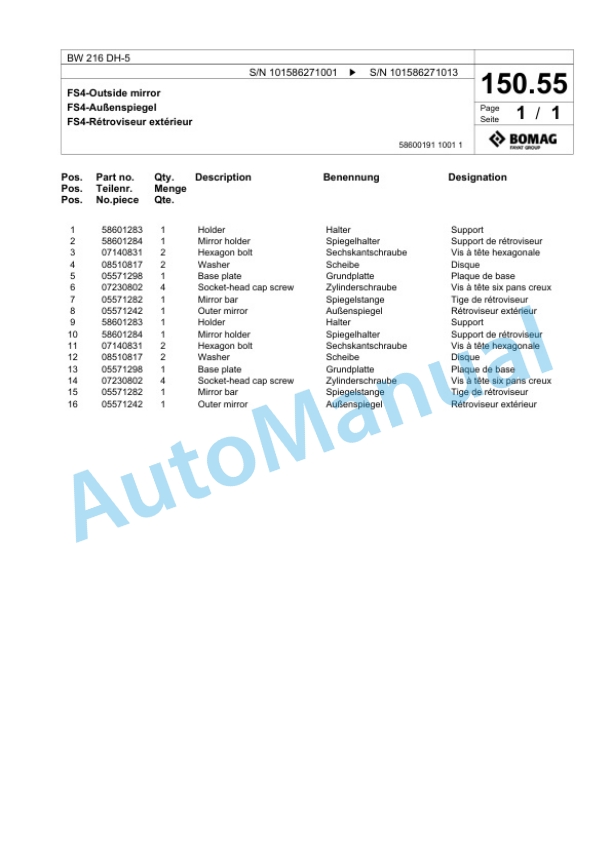 Bomag BW 216 DH-5 Single Drum Wheel Drive Vibratory Roller Spare Parts Catalogue 00824825-5
