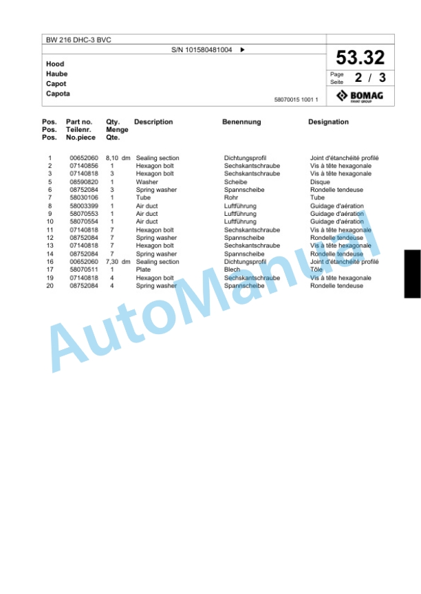 Bomag BW 216 DHC-3 BVC Single Drum Wheel Drive Vibratory Roller Spare Parts Catalogue 00817644-2