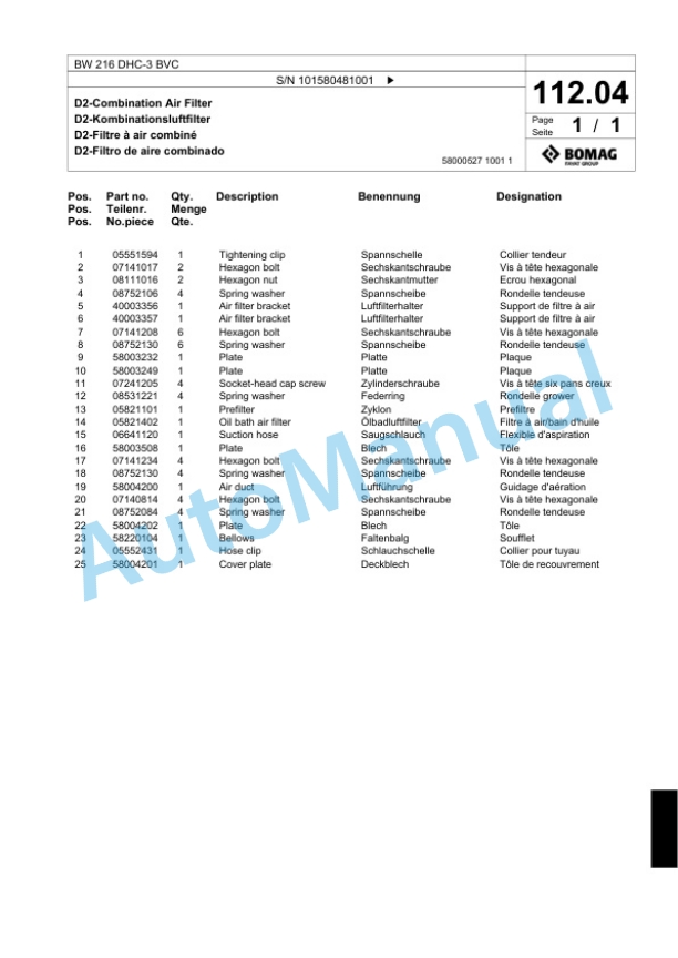 Bomag BW 216 DHC-3 BVC Single Drum Wheel Drive Vibratory Roller Spare Parts Catalogue 00817644-4
