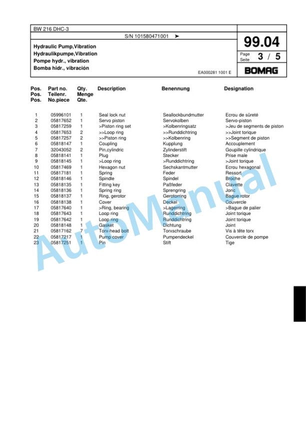 Bomag BW 216 DHC-3 Single Drum Wheel Drive Vibratory Roller Spare Parts Catalogue 00817643-3