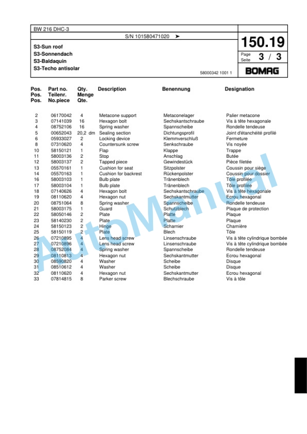 Bomag BW 216 DHC-3 Single Drum Wheel Drive Vibratory Roller Spare Parts Catalogue 00817643-5