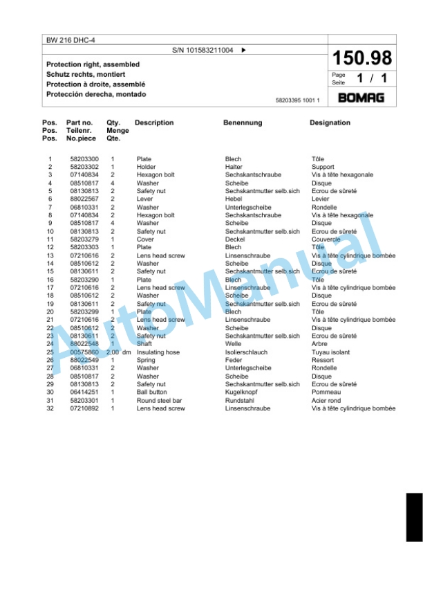 Bomag BW 216 DHC-4 Single Drum Wheel Drive Vibratory Roller Spare Parts Catalogue 00818347-4