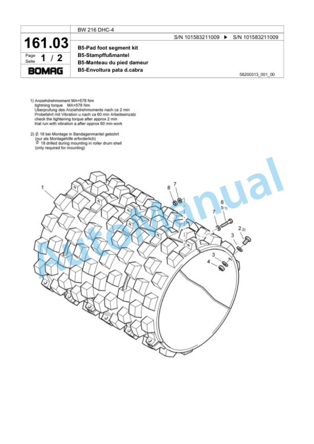 Bomag BW 216 DHC-4 Single Drum Wheel Drive Vibratory Roller Spare Parts Catalogue 00818347-5