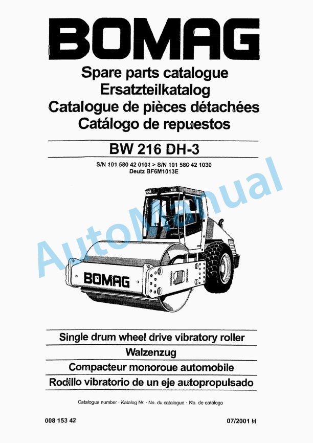Bomag BW 216 HD-3 Single Drum Wheel Drive Vibratory Roller Spare Parts Catalogue 00815342