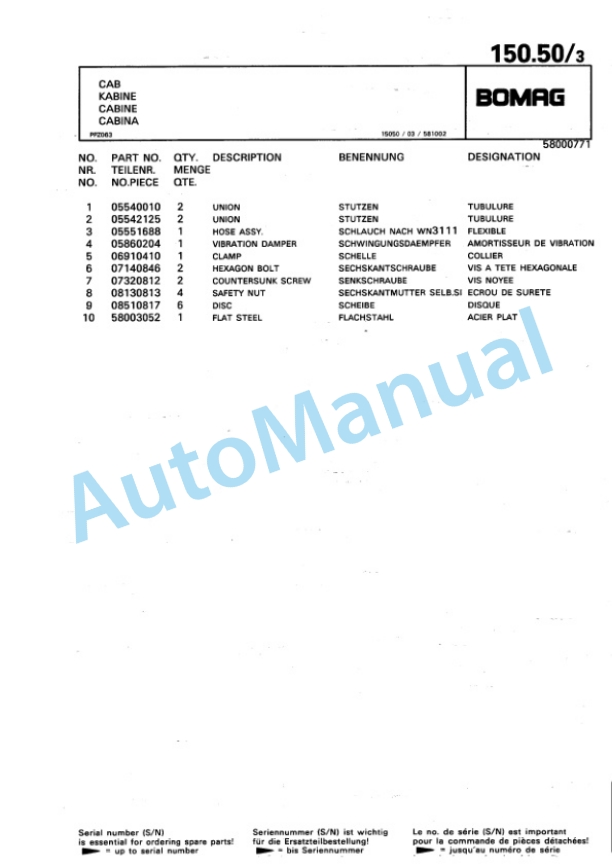 Bomag BW 216 HD-3 Single Drum Wheel Drive Vibratory Roller Spare Parts Catalogue 00815342-4