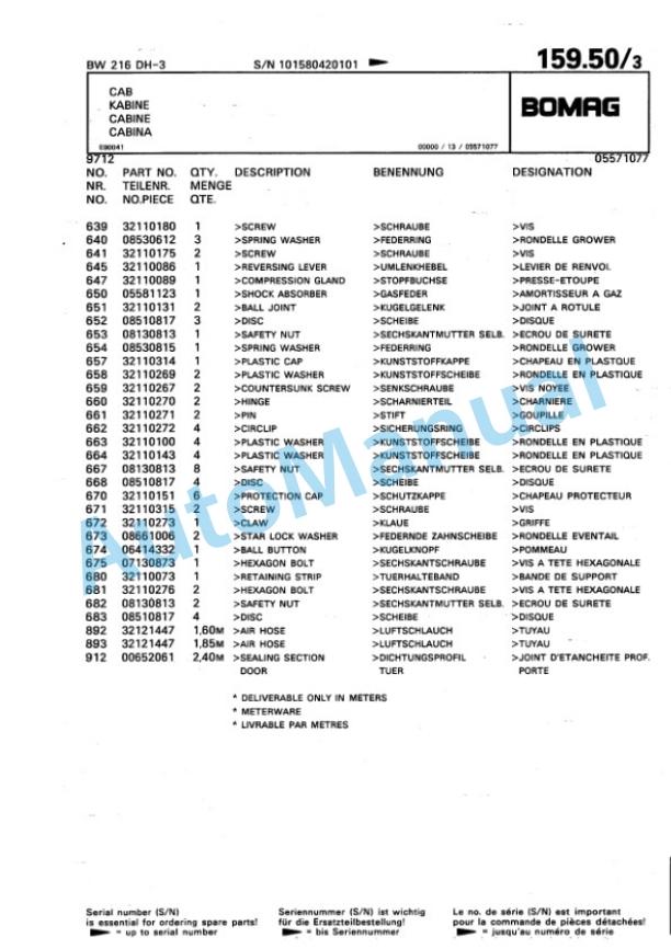 Bomag BW 216 HD-3 Single Drum Wheel Drive Vibratory Roller Spare Parts Catalogue 00815342-5