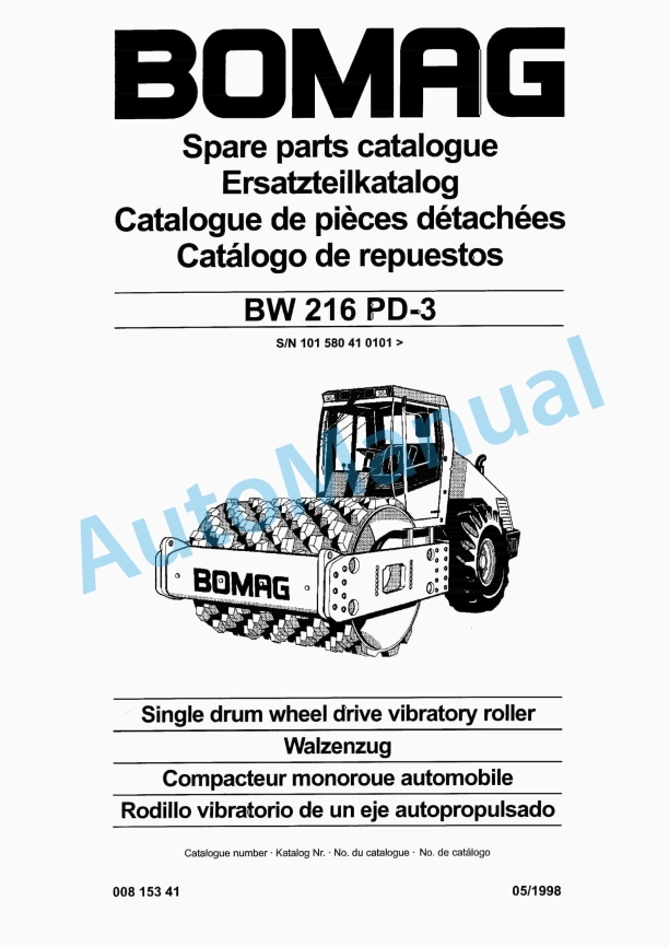 Bomag BW 216 PD-3 Single Drum Wheel Drive Vibratory Roller Spare Parts Catalogue 00815341