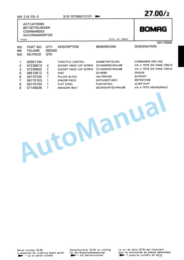 Bomag BW 216 PD-3 Single Drum Wheel Drive Vibratory Roller Spare Parts Catalogue 00815341-2