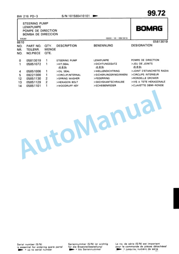 Bomag BW 216 PD-3 Single Drum Wheel Drive Vibratory Roller Spare Parts Catalogue 00815341-4