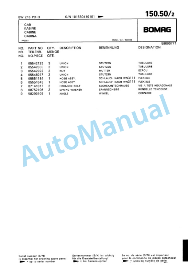 Bomag BW 216 PD-3 Single Drum Wheel Drive Vibratory Roller Spare Parts Catalogue 00815341-5