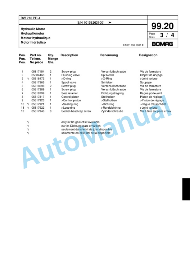 Bomag BW 216 PD-4 Single Drum Wheel Drive Vibratory Roller Spare Parts Catalogue 00818053-3