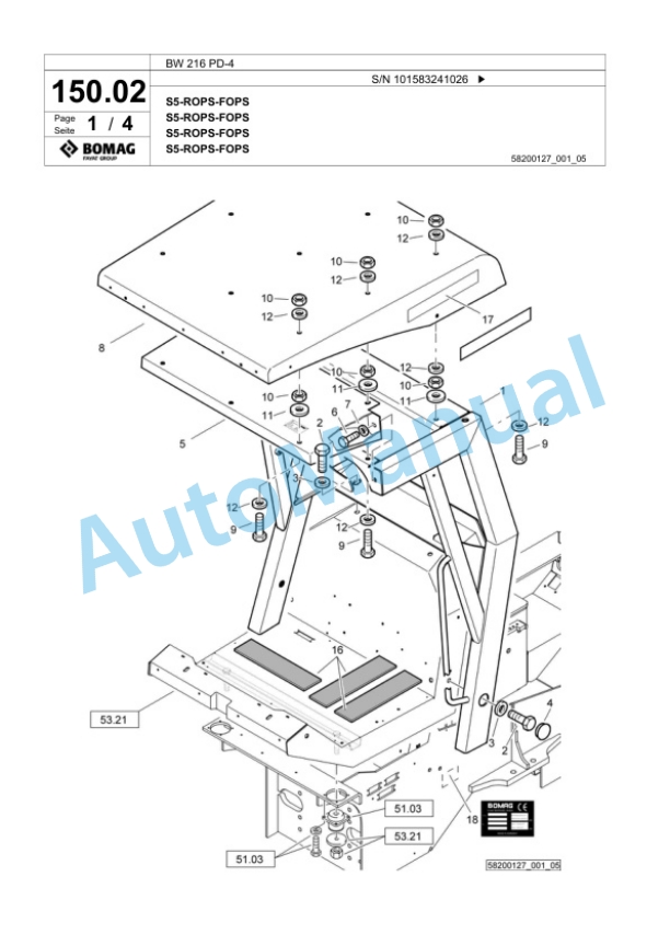 Bomag BW 216 PD-4 Single Drum Wheel Drive Vibratory Roller Spare Parts Catalogue 00818353-3