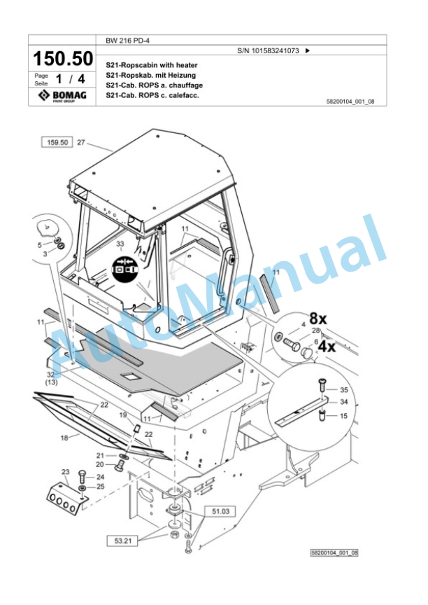 Bomag BW 216 PD-4 Single Drum Wheel Drive Vibratory Roller Spare Parts Catalogue 00824155-4
