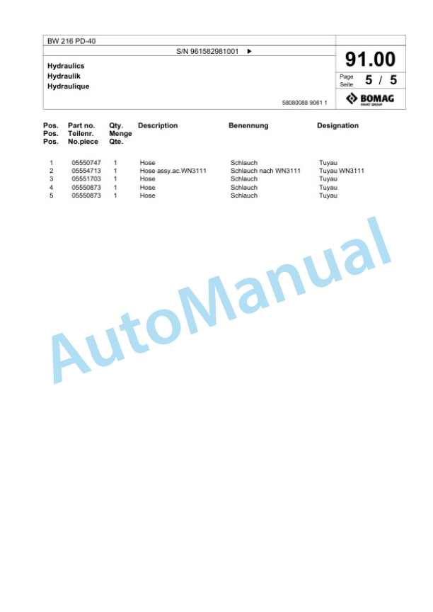 Bomag BW 216 PD-40 Single Drum Wheel Drive Vibratory Roller Spare Parts Catalogue 00826013-3