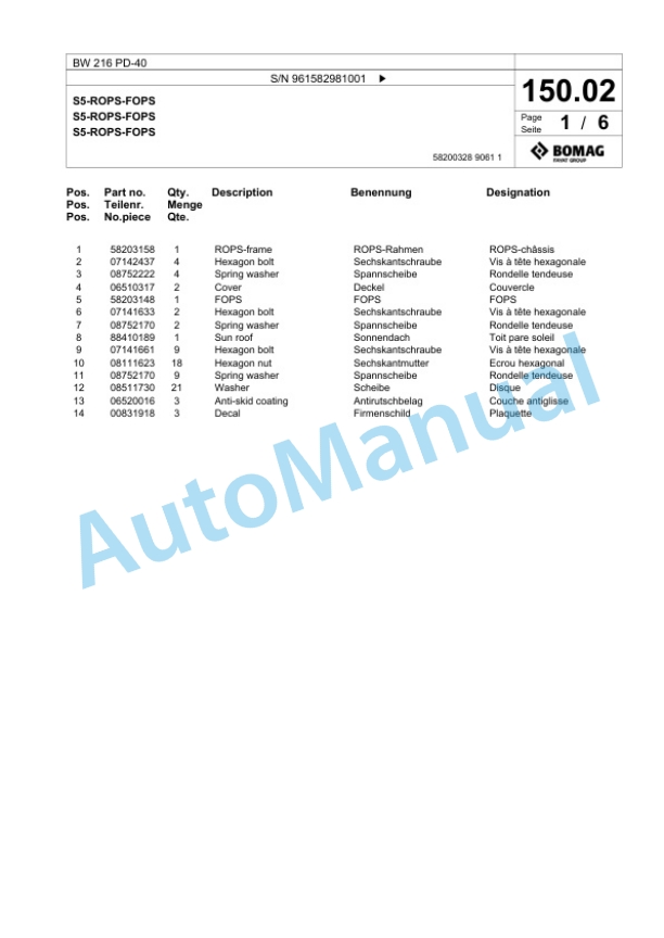 Bomag BW 216 PD-40 Single Drum Wheel Drive Vibratory Roller Spare Parts Catalogue 00826013-4
