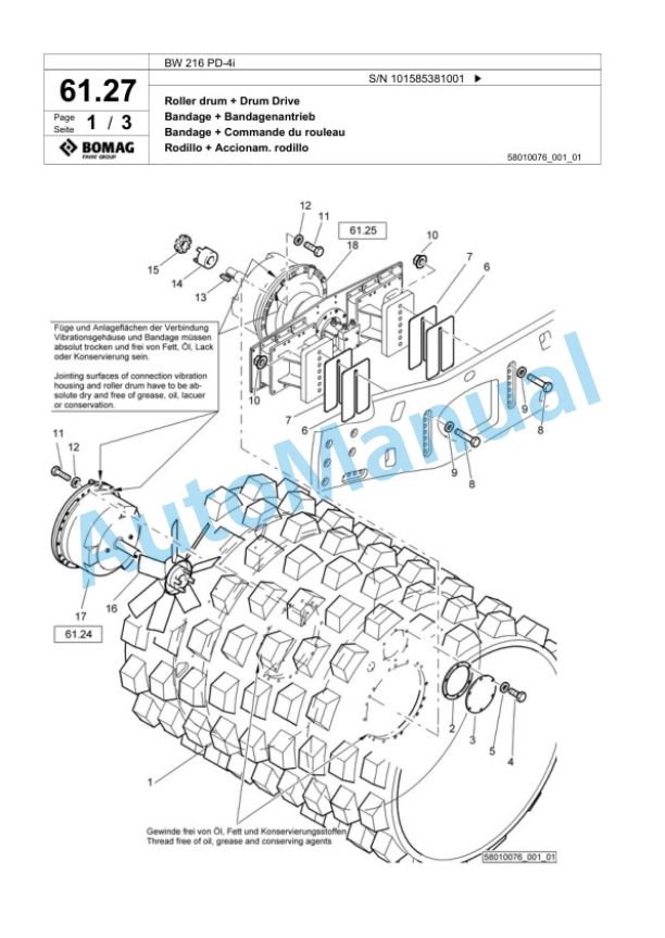 Bomag BW 216 PD-4i Single Drum Wheel Drive Vibratory Roller Spare Parts Catalogue 00824697-2