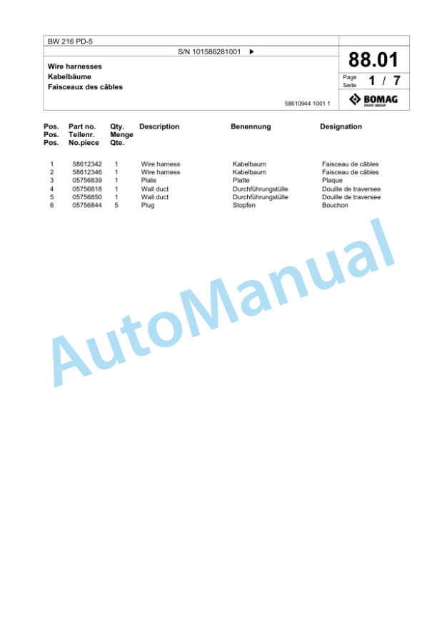 Bomag BW 216 PD-5 Single Drum Wheel Drive Vibratory Roller Spare Parts Catalogue 00824845-3