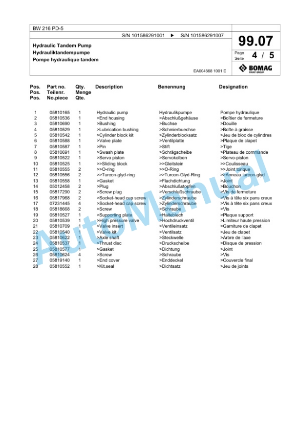 Bomag BW 216 PD-5 Single Drum Wheel Drive Vibratory Roller Spare Parts Catalogue 00824871-3