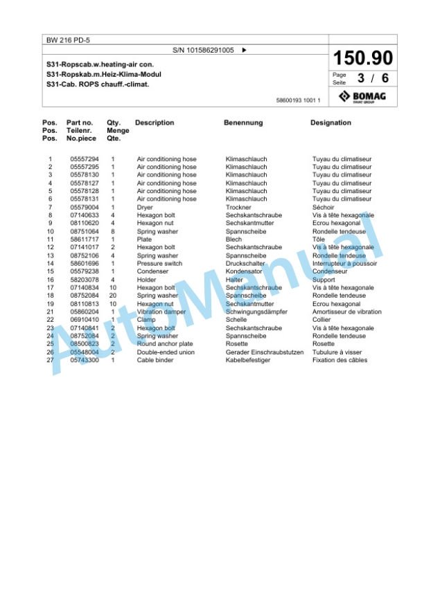 Bomag BW 216 PD-5 Single Drum Wheel Drive Vibratory Roller Spare Parts Catalogue 00824871-5