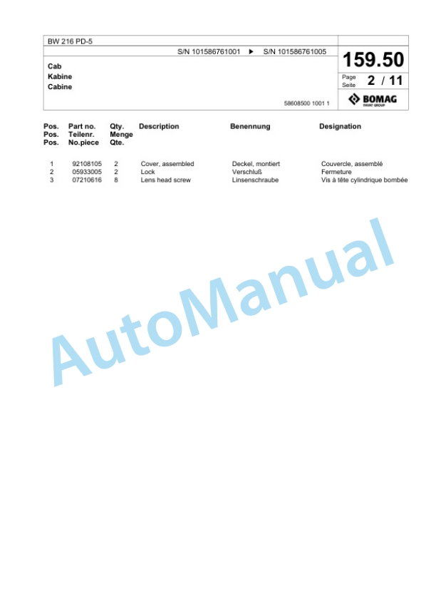 Bomag BW 216 PD-5 Single Drum Wheel Drive Vibratory Roller Spare Parts Catalogue 00825279-5