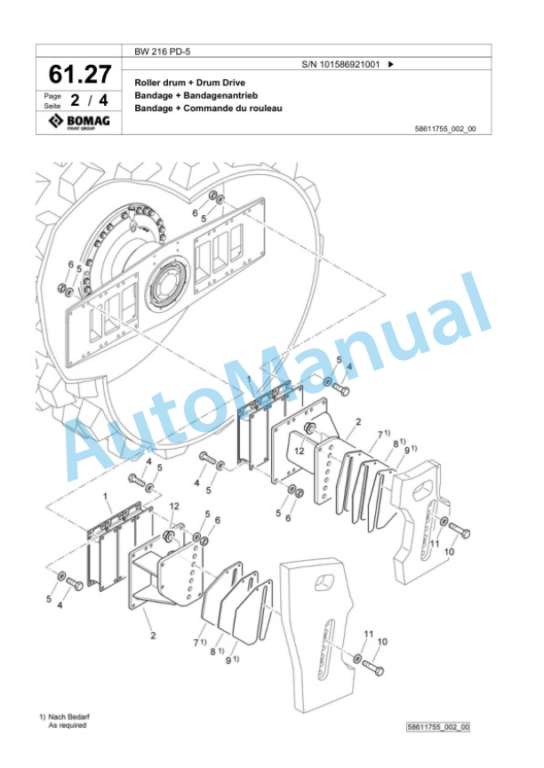 Bomag BW 216 PD-5 Single Drum Wheel Drive Vibratory Roller Spare Parts Catalogue 00825995-2