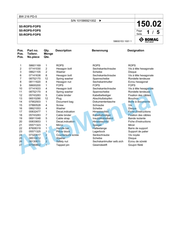Bomag BW 216 PD-5 Single Drum Wheel Drive Vibratory Roller Spare Parts Catalogue 00825995-3