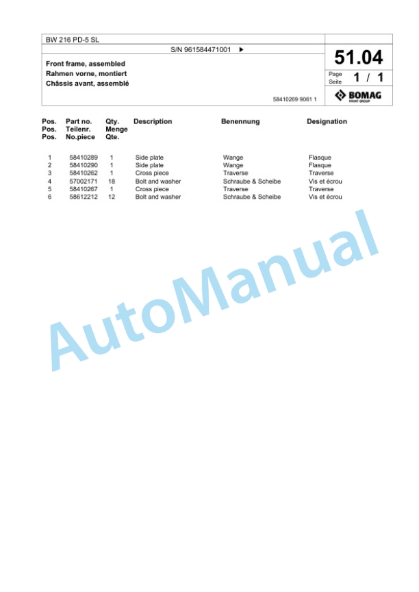 Bomag BW 216 PD-5 SL Single Drum Wheel Drive Vibratory Roller Spare Parts Catalogue 00826715-2