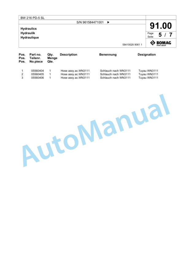 Bomag BW 216 PD-5 SL Single Drum Wheel Drive Vibratory Roller Spare Parts Catalogue 00826715-3