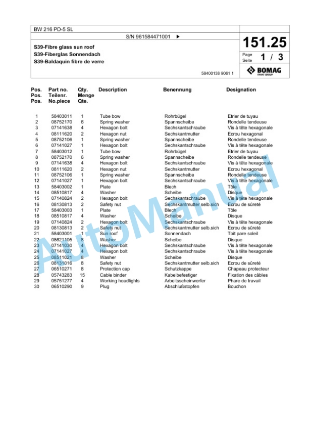 Bomag BW 216 PD-5 SL Single Drum Wheel Drive Vibratory Roller Spare Parts Catalogue 00826715-5