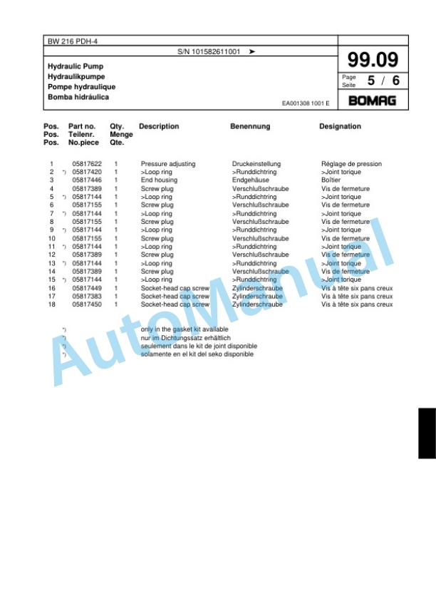 Bomag BW 216 PDH-4 Single Drum Wheel Drive Vibratory Roller Spare Parts Catalogue 00817795-3