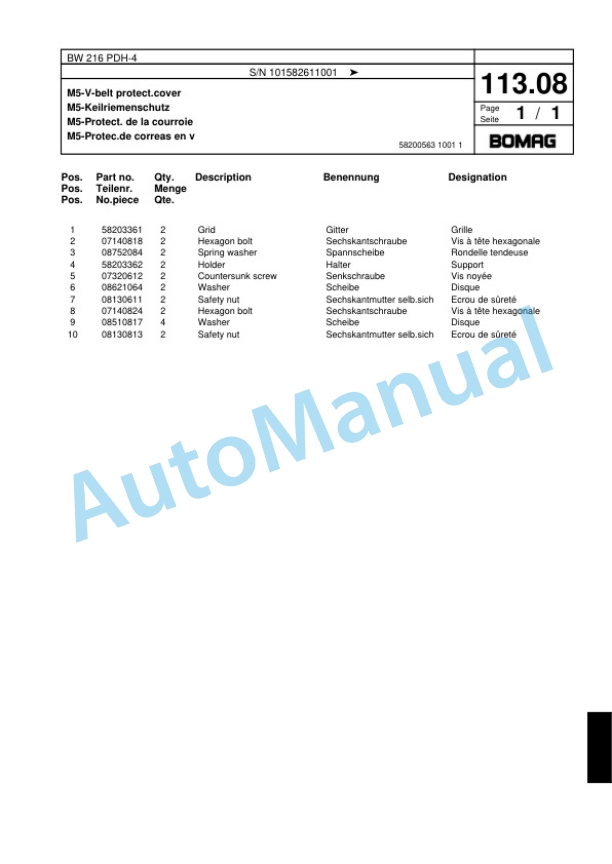 Bomag BW 216 PDH-4 Single Drum Wheel Drive Vibratory Roller Spare Parts Catalogue 00817795-4