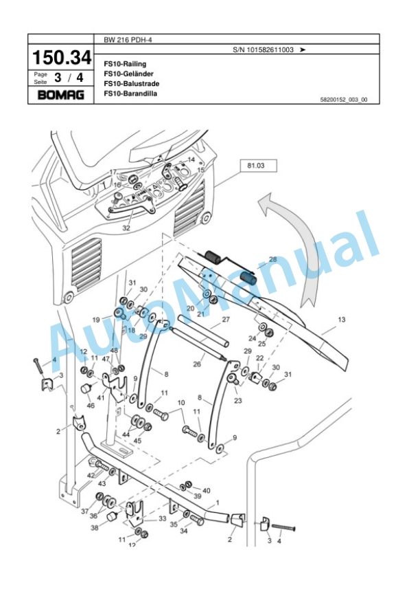 Bomag BW 216 PDH-4 Single Drum Wheel Drive Vibratory Roller Spare Parts Catalogue 00817795-5