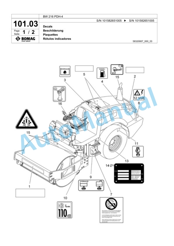 Bomag BW 216 PDH-4 Single Drum Wheel Drive Vibratory Roller Spare Parts Catalogue 00818157-3