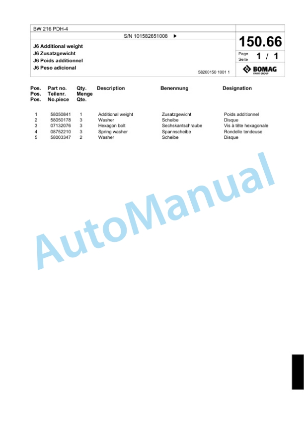 Bomag BW 216 PDH-4 Single Drum Wheel Drive Vibratory Roller Spare Parts Catalogue 00818157-4