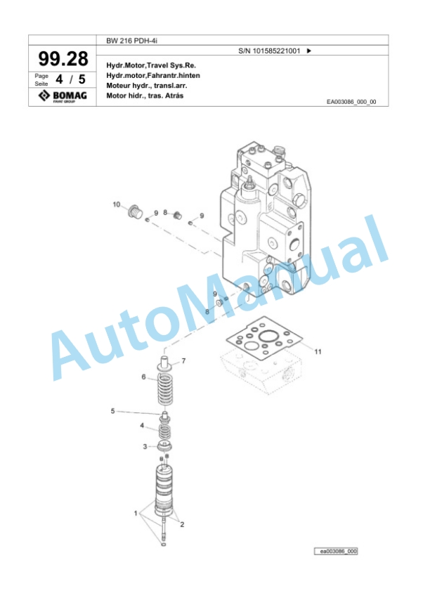 Bomag BW 216 PDH-4i Single Drum Wheel Drive Vibratory Roller Spare Parts Catalogue 00824469-3