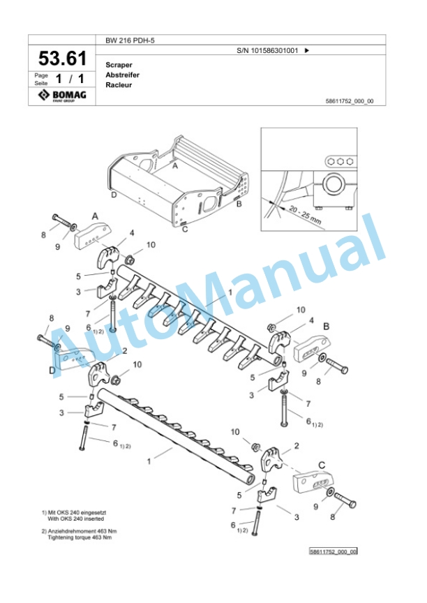 Bomag BW 216 PDH-5 Single Drum Wheel Drive Vibratory Roller Spare Parts Catalogue 00824827-2