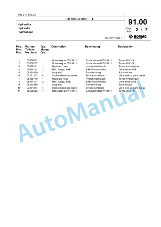 Bomag BW 216 PDH-5 Single Drum Wheel Drive Vibratory Roller Spare Parts Catalogue 00824827-3