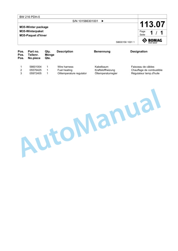 Bomag BW 216 PDH-5 Single Drum Wheel Drive Vibratory Roller Spare Parts Catalogue 00824827-4