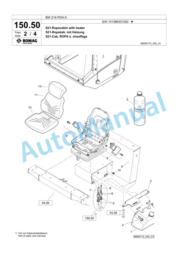 Bomag BW 216 PDH-5 Single Drum Wheel Drive Vibratory Roller Spare Parts Catalogue 00824827-5