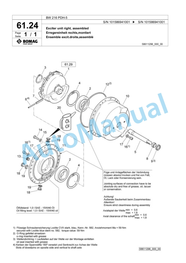 Bomag BW 216 PDH-5 Single Drum Wheel Drive Vibratory Roller Spare Parts Catalogue 00825999-2
