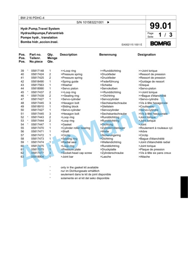 Bomag BW 216 PDHC-4 Single Drum Wheel Drive Vibratory Roller Spare Parts Catalogue 00818349-3